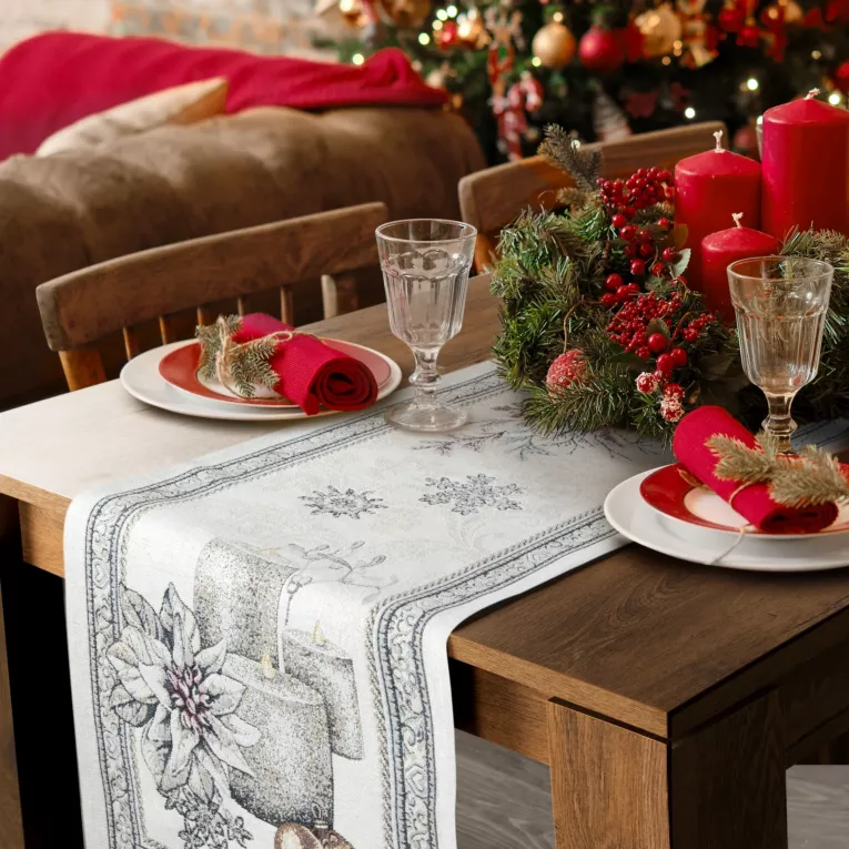 Bieżnik na stół popielato, srebrny 40x100 cm gobelinowy zdobiony wzorem świątecznym
