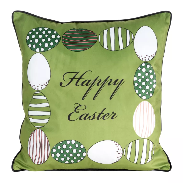 Poszewka na poduszkę 45x45 cm welwetowa zielono, biała zdobiona nadrukiem pisanek WIOSNA 1