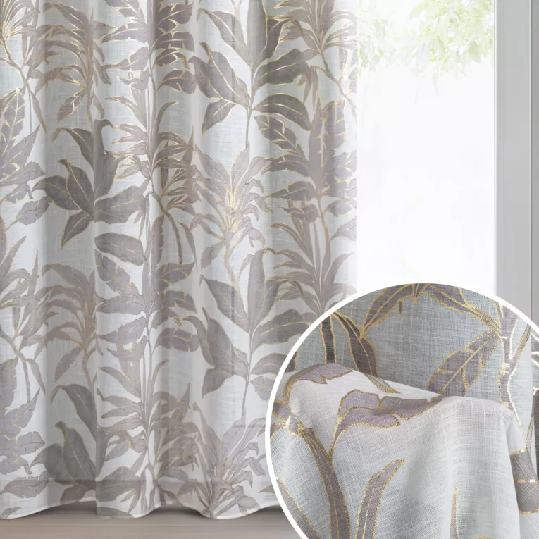 Zasłona biała z półprzeźroczystej tkaniny zdobiona błyszczącym nadrukiem 135x250 cm złota przelotka - ANELI
