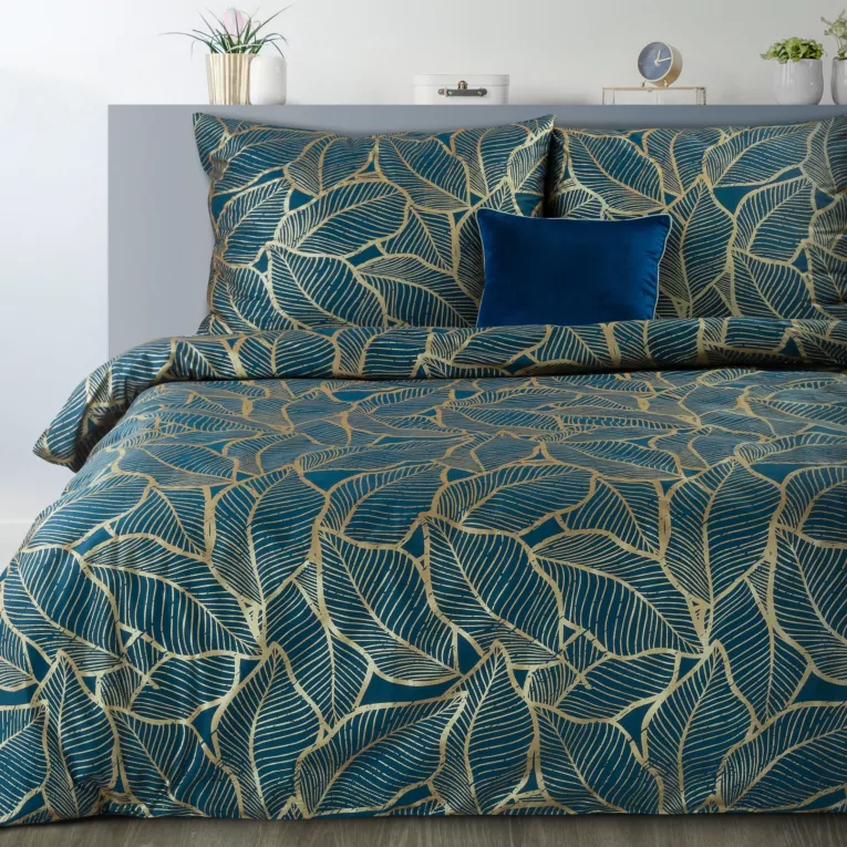 NOVA PRINT METALLIC 23 Komplet pościeli  z wysokogatunkowej satyny bawełnianej z metalicznym nadrukiem liści w kartonowym opakowaniu na prezent