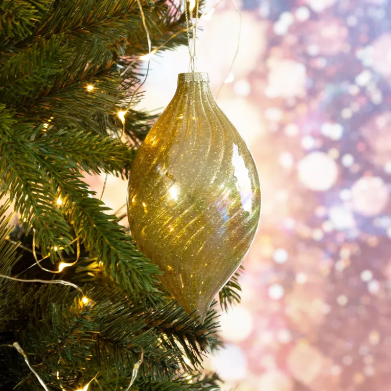 Sopel - szklana zawieszka choinkowa dekorowana w środku złotym brokatem