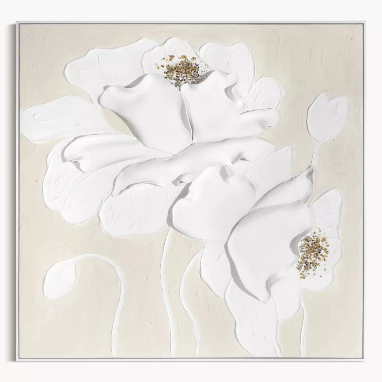 Obraz w trójwymiarowe kwiaty kremowo, beżowy ręcznie malowany na płótnie oprawiony w ramę 102x102 cm cm