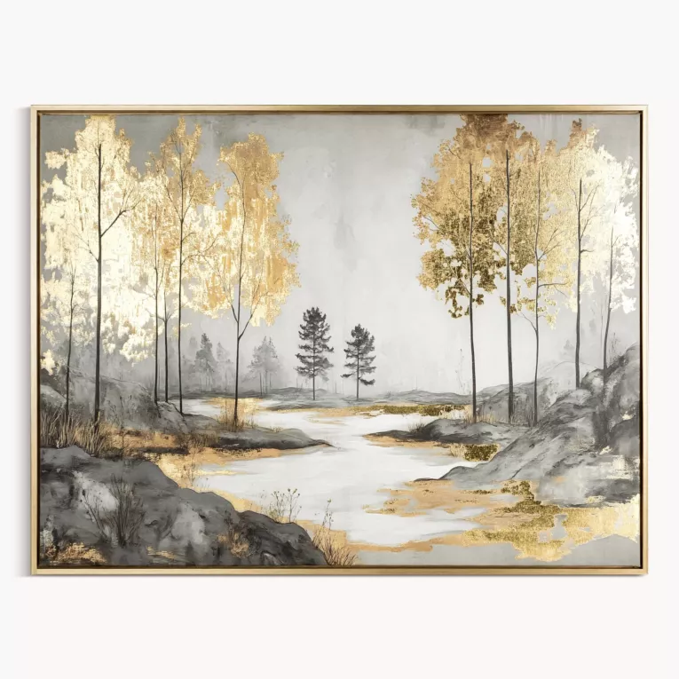Obraz szaro, złoty nadruk na płótnie pejzaż z metalicznymi akcentami 60x80 cm