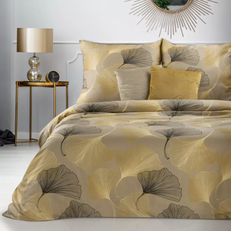 NOVA PRINT Komplet pościeli NIKA z satyny bawełnianej z nadrukiem liści miłorzębu