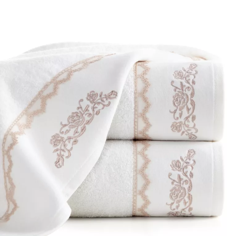 Ręcznik kąpielowy 70x140 cm bawełniany kolor biały,złoty z zdobiony delikatną koronką 500 g/m2 NIKI