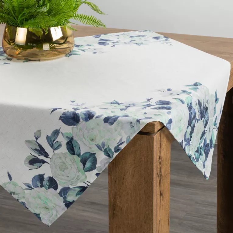 Bieżnik na stół biało, zielony 85x85 cm z dodatkiem lnu NATU z nadrukiem z motywem róż