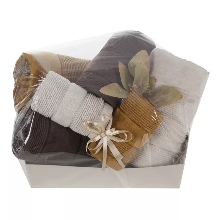 Zestaw ręczników bawełnianych na prezent 2 szt 30x50 cm,  2 szt 50x90 cm, 2 szt 70x140 cm kolor miodowy, brązowy z wytłaczanym wzorem prążków