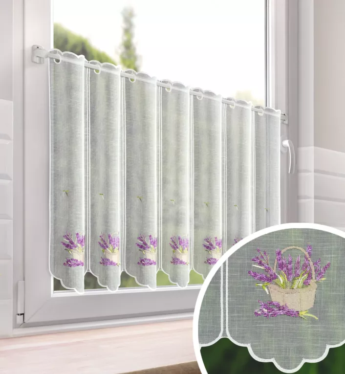 Tkanina firanowa zazdrostka z etaminy zdobiona haftem lawendy