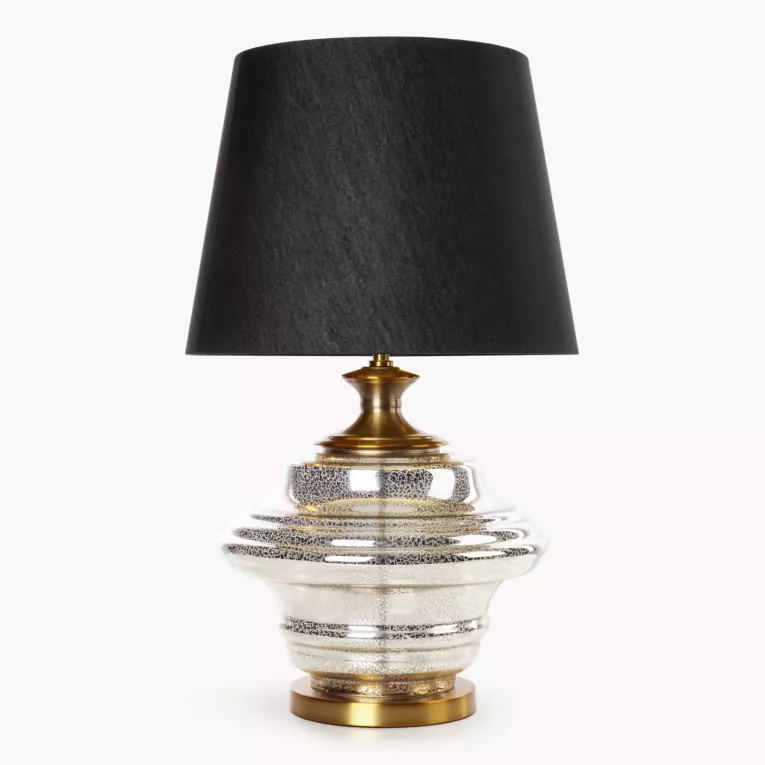 Lampa stołowa do salonu czarno, złota AMARI zdobiona szklaną podstawą i lekko szenilowym abażurem