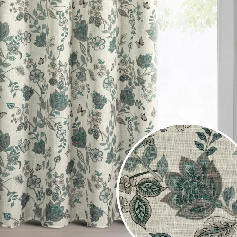 Zasłona naturalno, niebieska z tkaniny z dodatkiem lnu zdobiona nadrukiem roślinnym 140x250 cm przelotka - TALI