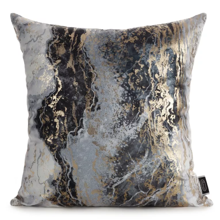 Poszewka na poduszkę 45x45 cm welwetowa, stalowa zdobiona przecieranym metalicznym nadrukiem SOFI