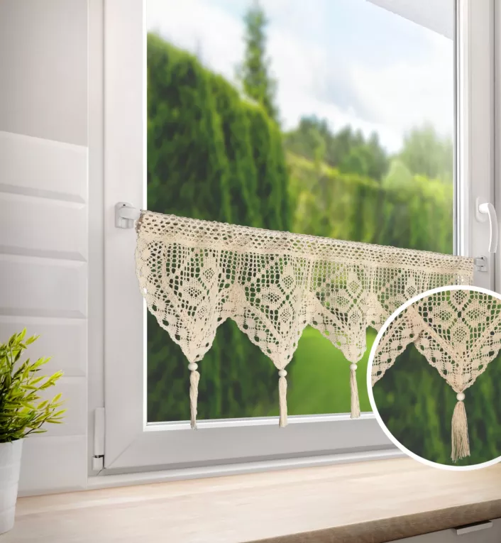 Zazdrostka jasnobeżowa ażurowa  w stylu eko z dekoracyjnymi chwostami 150x30 cm tunel MARTHA