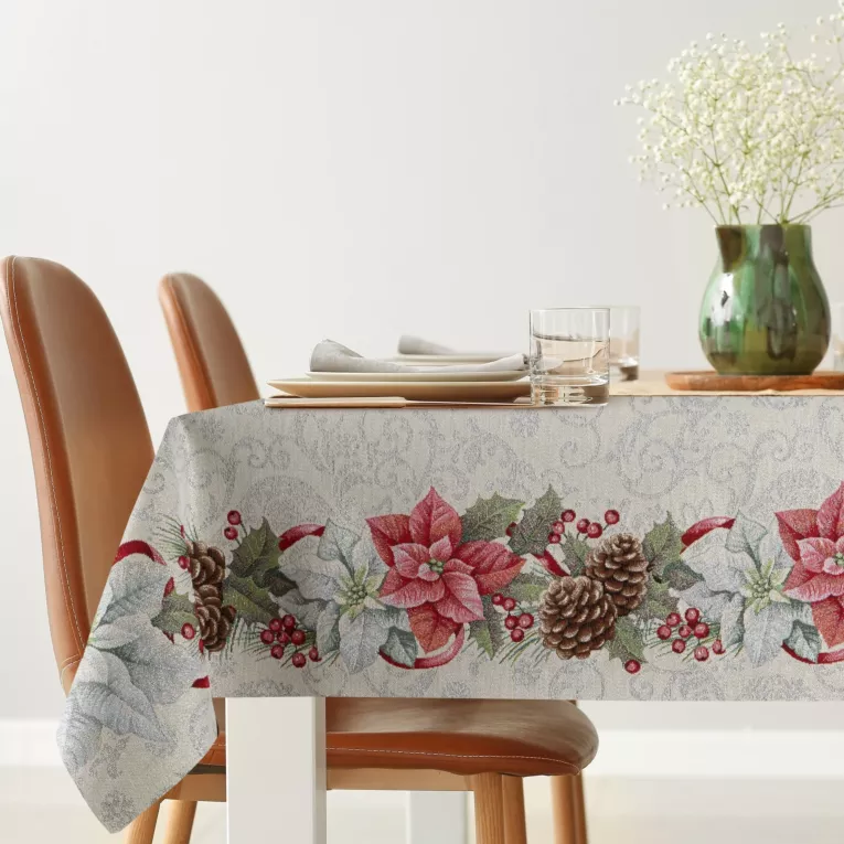 Obrus 140x180 cm srebrzysto, czerwony gobelinowy z motywem świątecznym, przetykany srebrną nicią