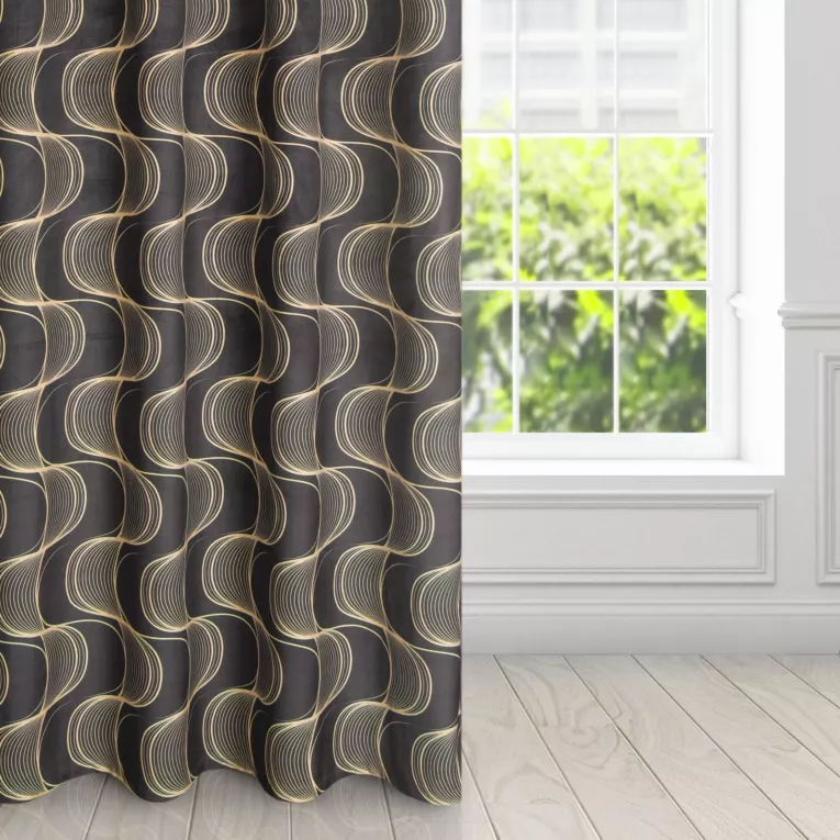 Zasłona czarno, beżowa z wzorem pionowych fal, z welwetu 140x250 cm przelotka - POLA