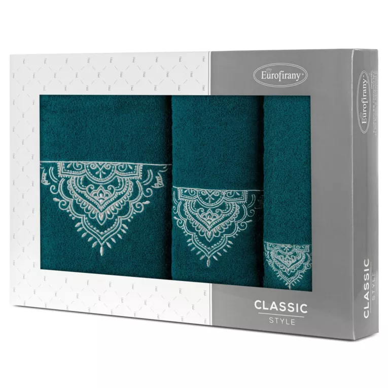 Zestaw ręczników bawełnianych na prezent 3 szt kolor ciemno turkusowy, srebrny z haftem 400 g/m2 LAURA