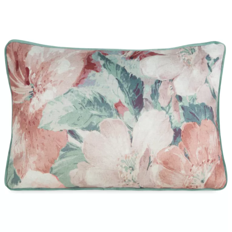 Poduszka 45 x 30 cm welwetowa ciemnoróżowo, zielona z dwustronnym nadrukiem i kontrastującą wypustką na brzegach LOVE