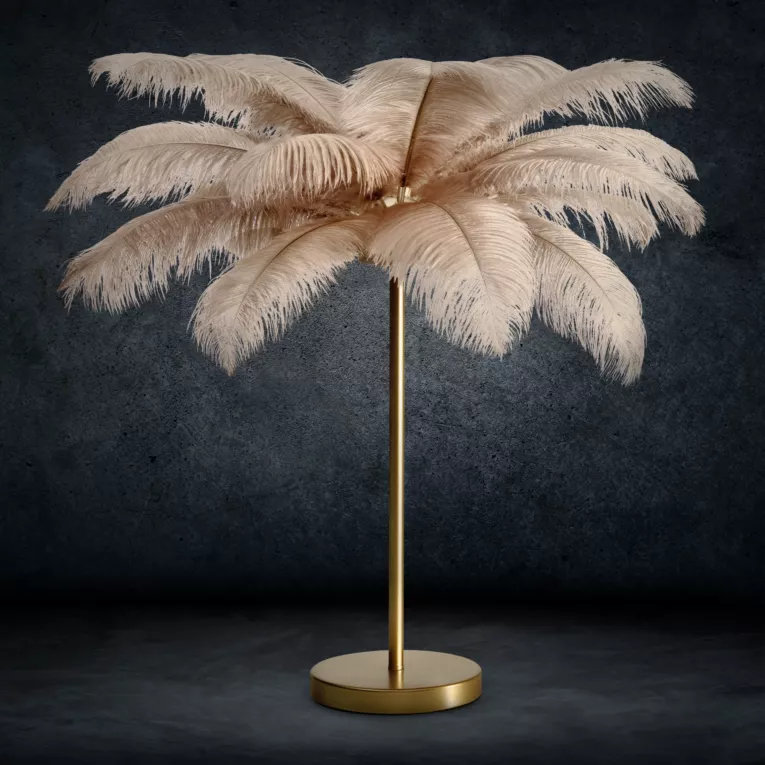 Lampa stojąca do salonu beżowo, szampańska FERI na metalowej podstawie z niezwykle efektownym abażurem z naturalnych strusich piór