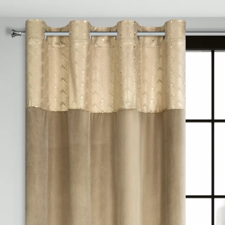 Zasłona beżowa ze złotym wzorem z błyszczącego welwetu 140x250 cm przelotka - ELEN