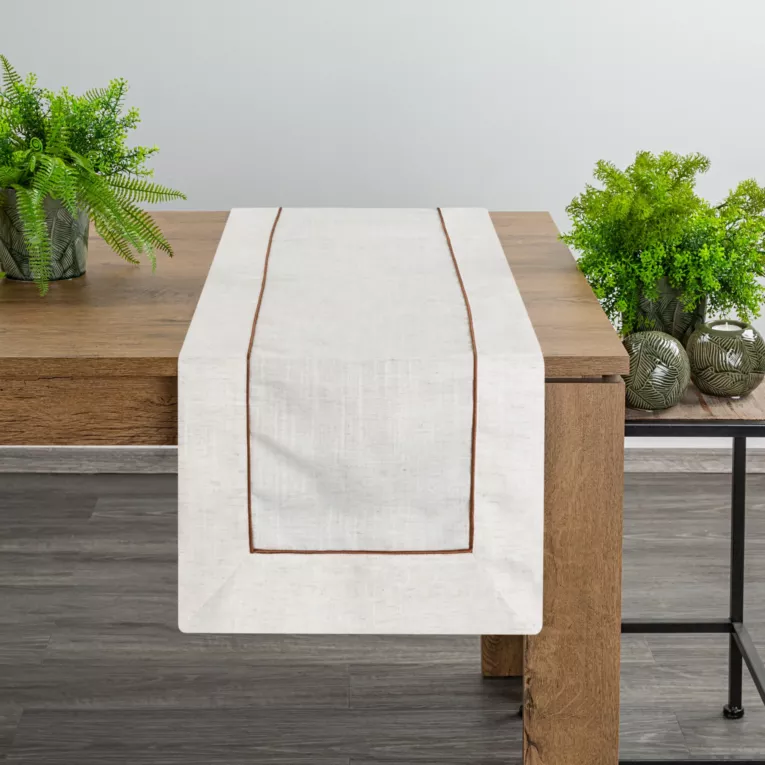 Bieżnik na stół 40x140 cm naturalno, brązowy z dodatkiem lnu NATURA z ozdobną listwą i wypustką
