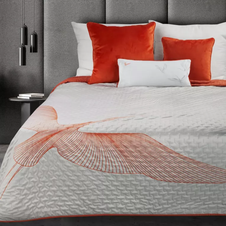 Narzuta welwetowa naturalno, pomarańczowa 220x240 cm z nadrukiem żurawii pikowana metodą hot press LEA Eurofirany Premium