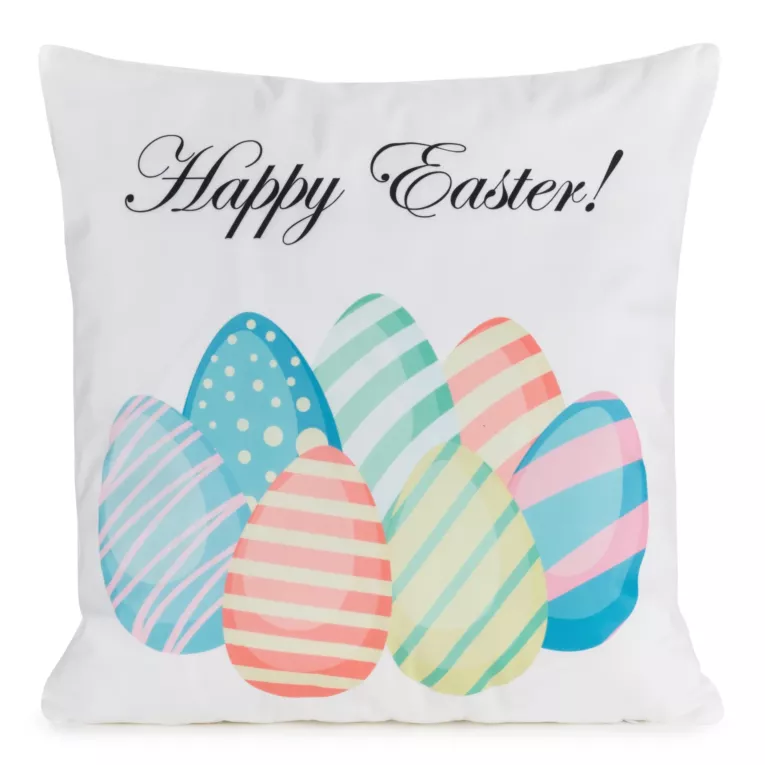 Poszewka na poduszkę 45x45 cm z weluru biało, niebieska zdobiona nadrukiem pastelowych pisanek WIOSNA 3