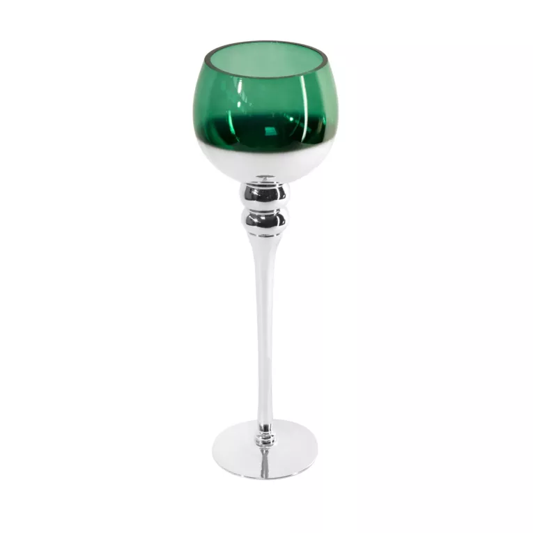 Świecznik bankietowy szklany CLOE na wysmukłej nóżce srebrno-zielony