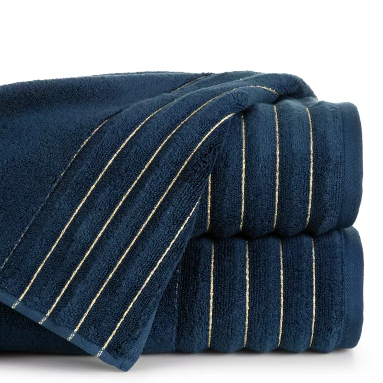 Ręcznik kąpielowy 50x90 cm kolor granatowy zdobiony prążkami z błyszczącej nici 500 g/m2 LUNARI