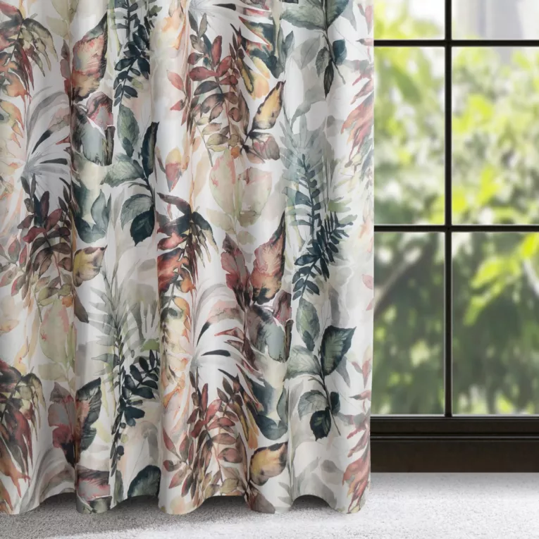 Zasłona biało, stalowa z motywem liści 140x270 cm taśma - LILIA