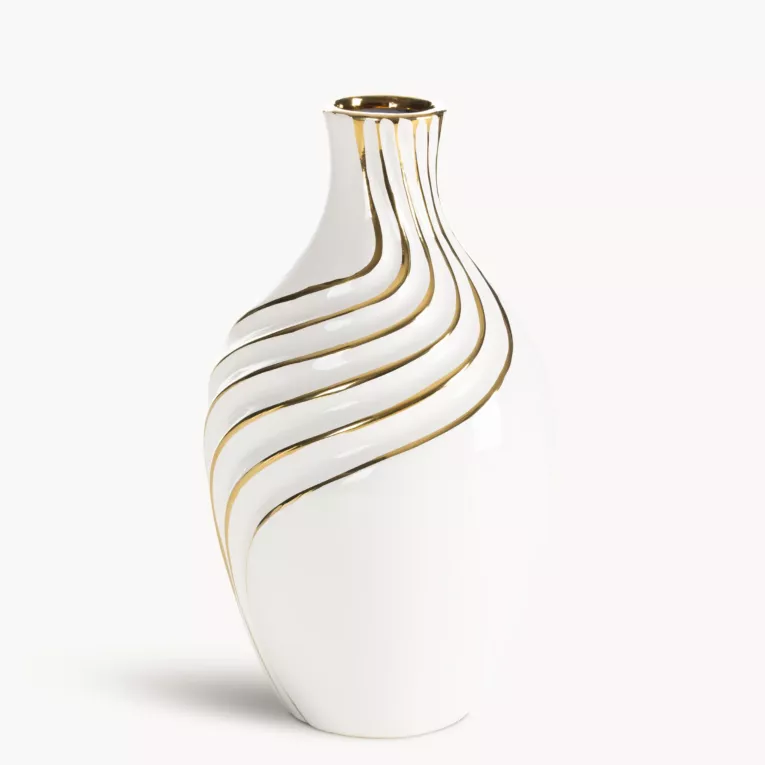 Wazon dekoracyjny biało, złoty zdobiony subtelnymi liniami 14x25 cm ESTELA