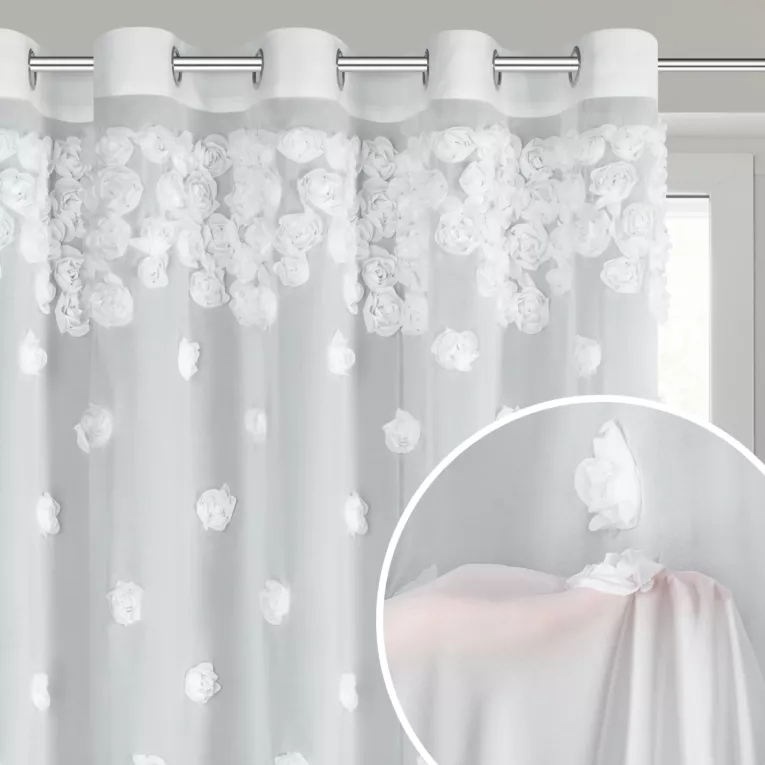 Firana biała z szyfonu zdobiona różami 3D 350x250 cm przelotka - DIANA