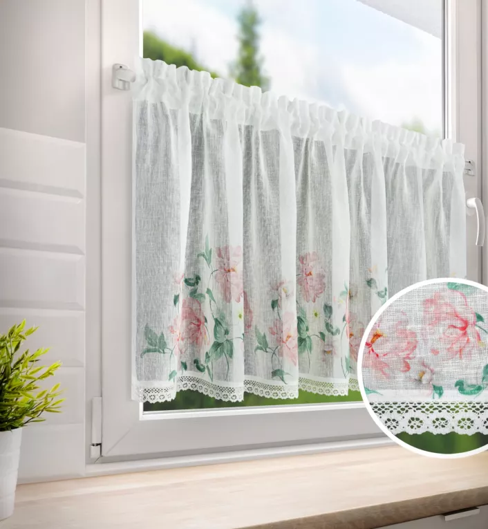 Zazdrostka biało, różowa z etaminy zdobiona nadrukiem kwiatów i koronką 150x60 cm tunel ASTEJA