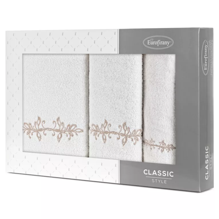 Zestaw ręczników bawełnianych na prezent 3 szt kolor kremowy,beżowy z haftem z motywem ornamentu roślinnego 380g/m2 KAMELIA