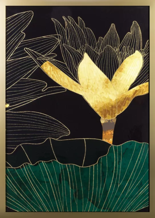 Obraz z nadrukiem liści i kwiatów w złotej ramce