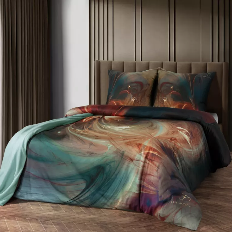 Pościel 220x200 cm z makosatyny bawełnianej kolor butelkowa zieleń, pomarańczowy z designerskim wzorem SELVA Eva Minge