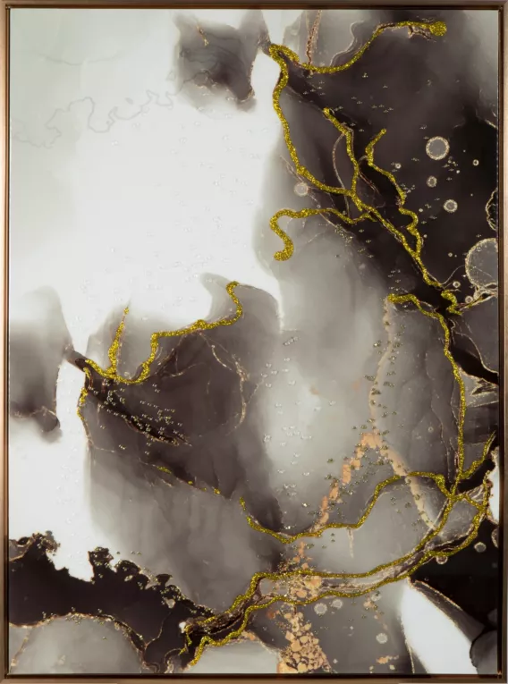 Obraz AURORA 2 abstrakcyjny ze złoto czarnym nadrukiem na białym tle