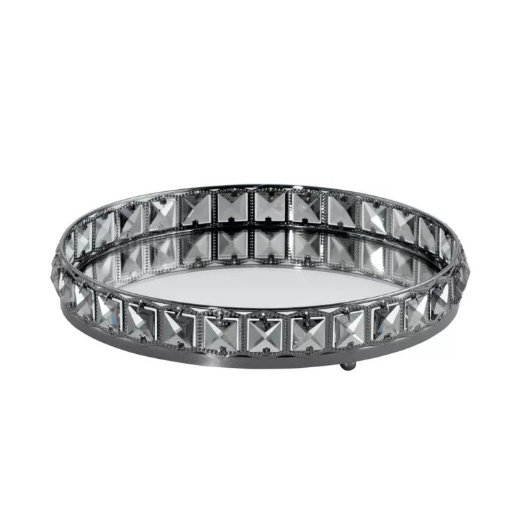 Okrągła taca dekoracyjna HANA 2 z lustrzanym blatem i metalowym obrzeżem z kryształami w stylu glamour
