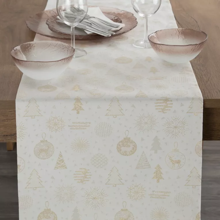 Bieżnik na stół kremowy 40x180 cm z żakardowej tkaniny FLASH z motywem świątecznym przetykany złotą nicią