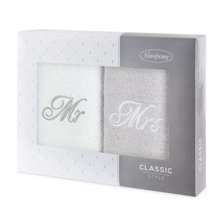 Zestaw ręczników bawełnianych na prezent 2 szt 50x90 cm z haftem MR&MRS kolor biały, popielaty 400 g/m2