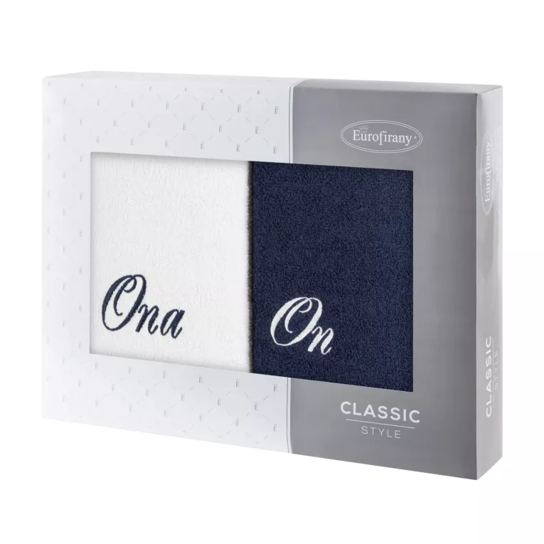Zestaw ręczników bawełnianych na prezent 2 szt 70x140 cm z haftem ONA I ON kolor biały,granatowy 400 g/m2