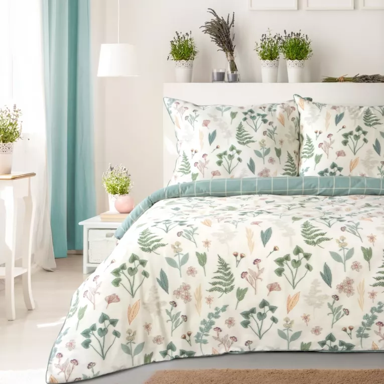 Pościel 160x200 cm z makosatyny bawełnianej kolor kremowy, miętowy z roślinnym wzorem ESPRIT