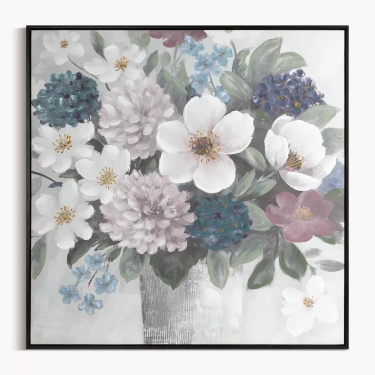 Obraz kremowo, zielony ręcznie malowane kwiaty na płótnie z błyszczącymi akcentami 80x80 cm