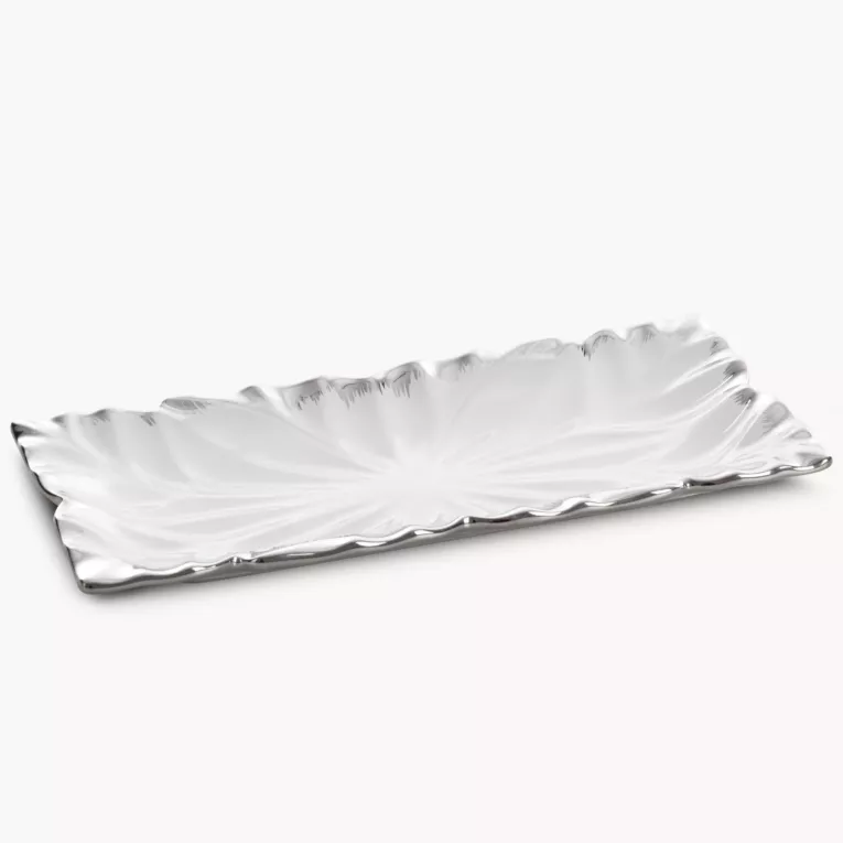 Patera ceramiczna dekoracyjna biało-srebrna zdobiona wypukłym wzorem 28x13x3 cm NIRA