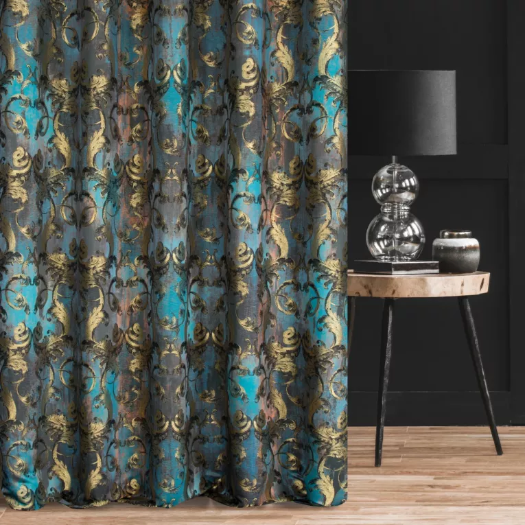Zasłona szyta na flexach ciemnoturkusowo złota z ekskluzywnej tkaniny z dużym ornamentowym wzorem Italissima Eva Minge