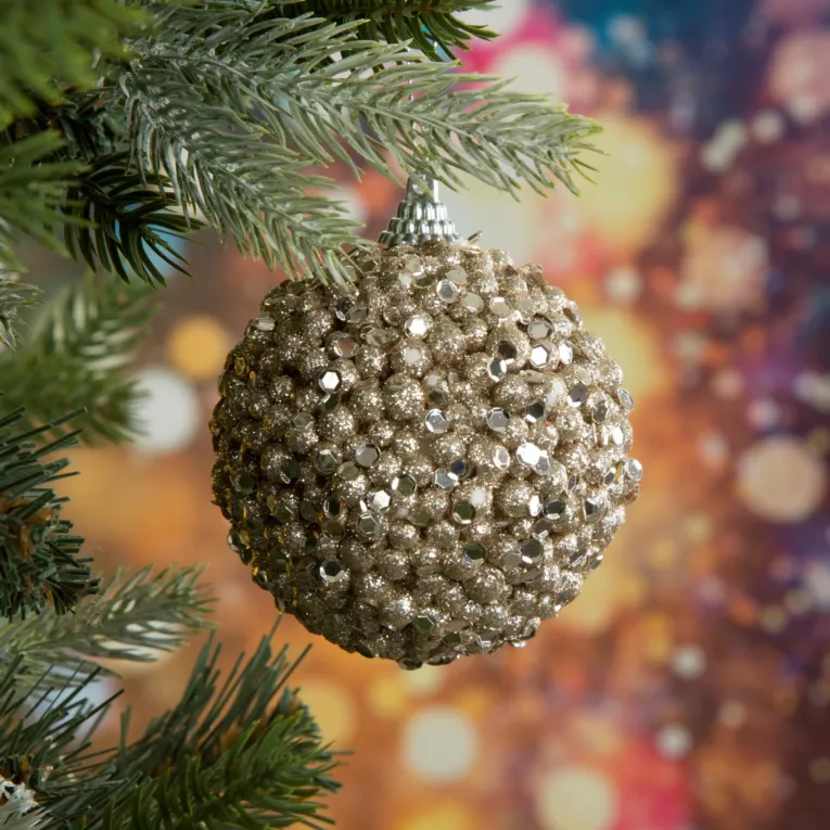 Bombka choinkowa z drobnych kuleczek obsypana lśniącym brokatem i kryształkami