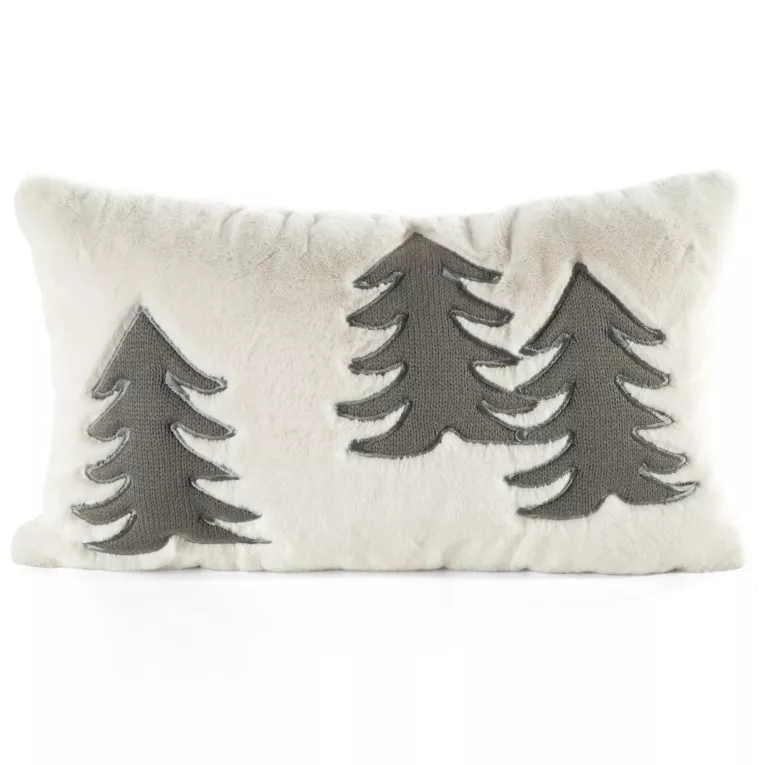 Poszewka na poduszkę 30x50 cm świąteczna z futerka kremowo zielona zdobiona aplikacją w choinki FELIKS3