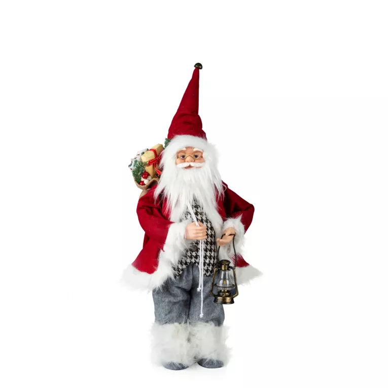 Mikołaj - figurka świąteczna  z workiem prezentów i lampionem
