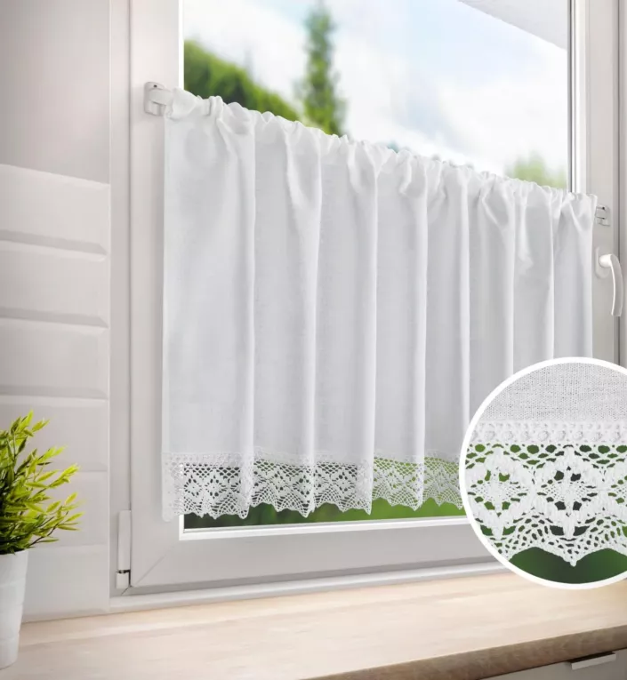 Zazdrostka biała z matowej tkaniny z koronką 150x60 cm tunel CLARIE