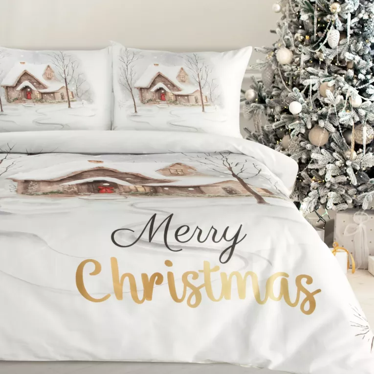Pościel świąteczna 160x200 cm z satyny bawełnianej, kolor biały jasnobrązowy z nadrukiem świątecznym JOYFULL