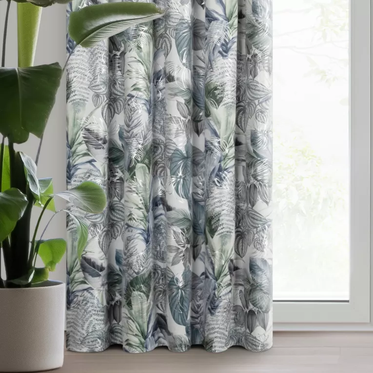 Zasłona biało, zielona ze wzorem egzotycznych liści z welwetu 140x270 cm taśma DAVOS