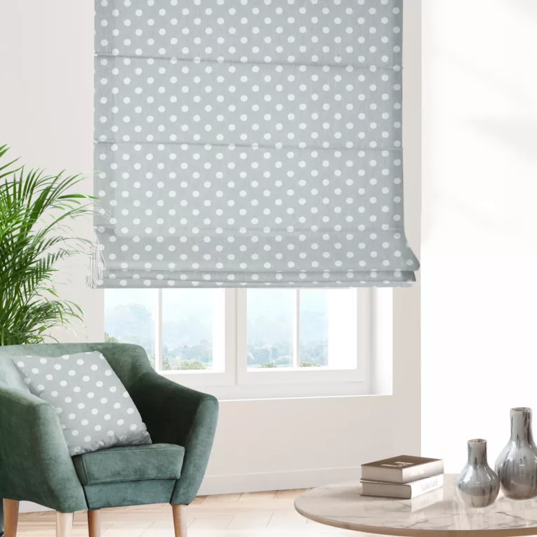 Roleta rzymska srebrno kremowa dwustronna, z wzorem w grochy